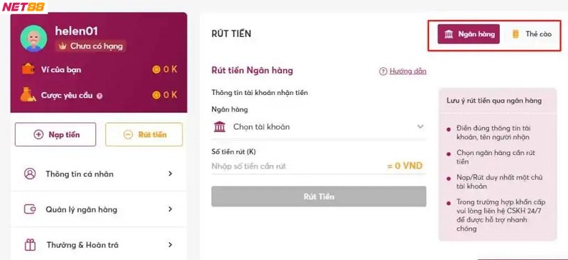 Điều kiện để rút tiền tại nhà cái NET88